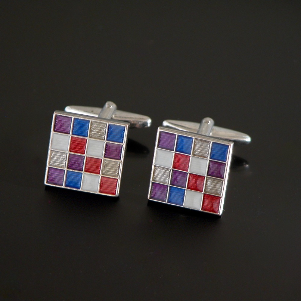 Multi-Colored Checkered Silver Tone Cufflinks - image 1